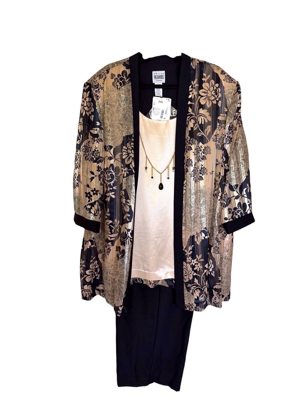 R & M Richards Black & Gold Floral Kimono Blazer & pant 2 piece set women’s 30W